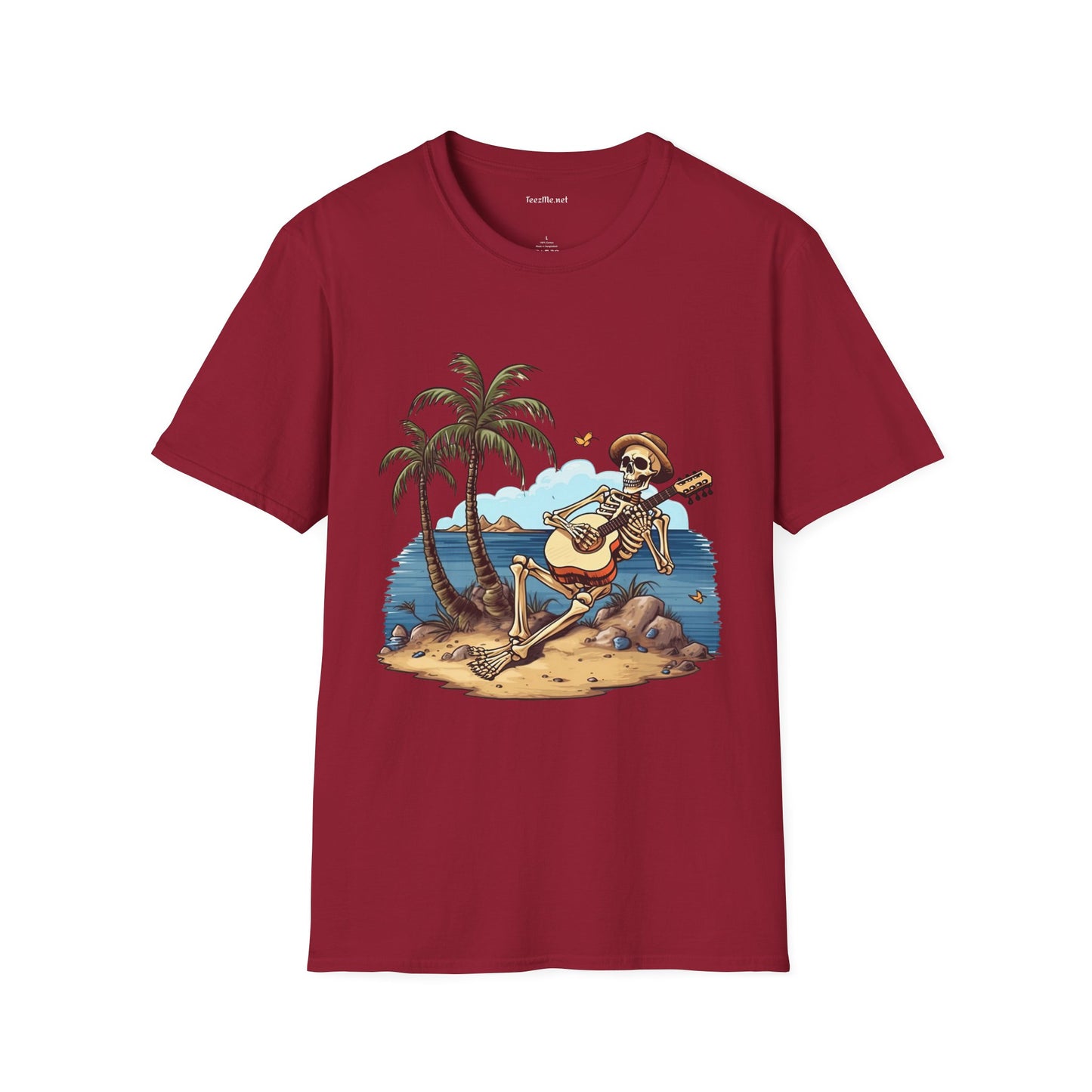 Skeleton with Guitar under palm tree - Unisex Softstyle T-Shirt 100% Cotton Graphic