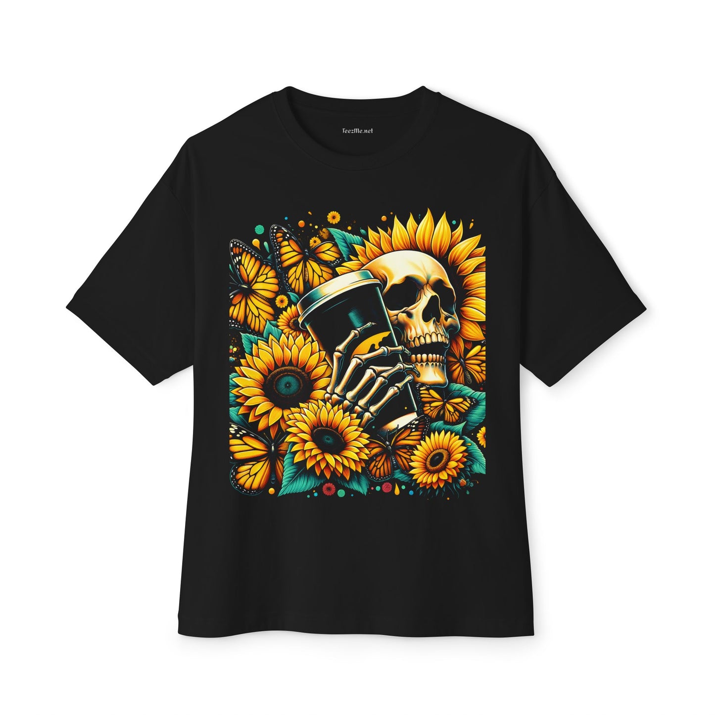 Sunflower Skull with Coffee Unisex Oversized Boxy Tee