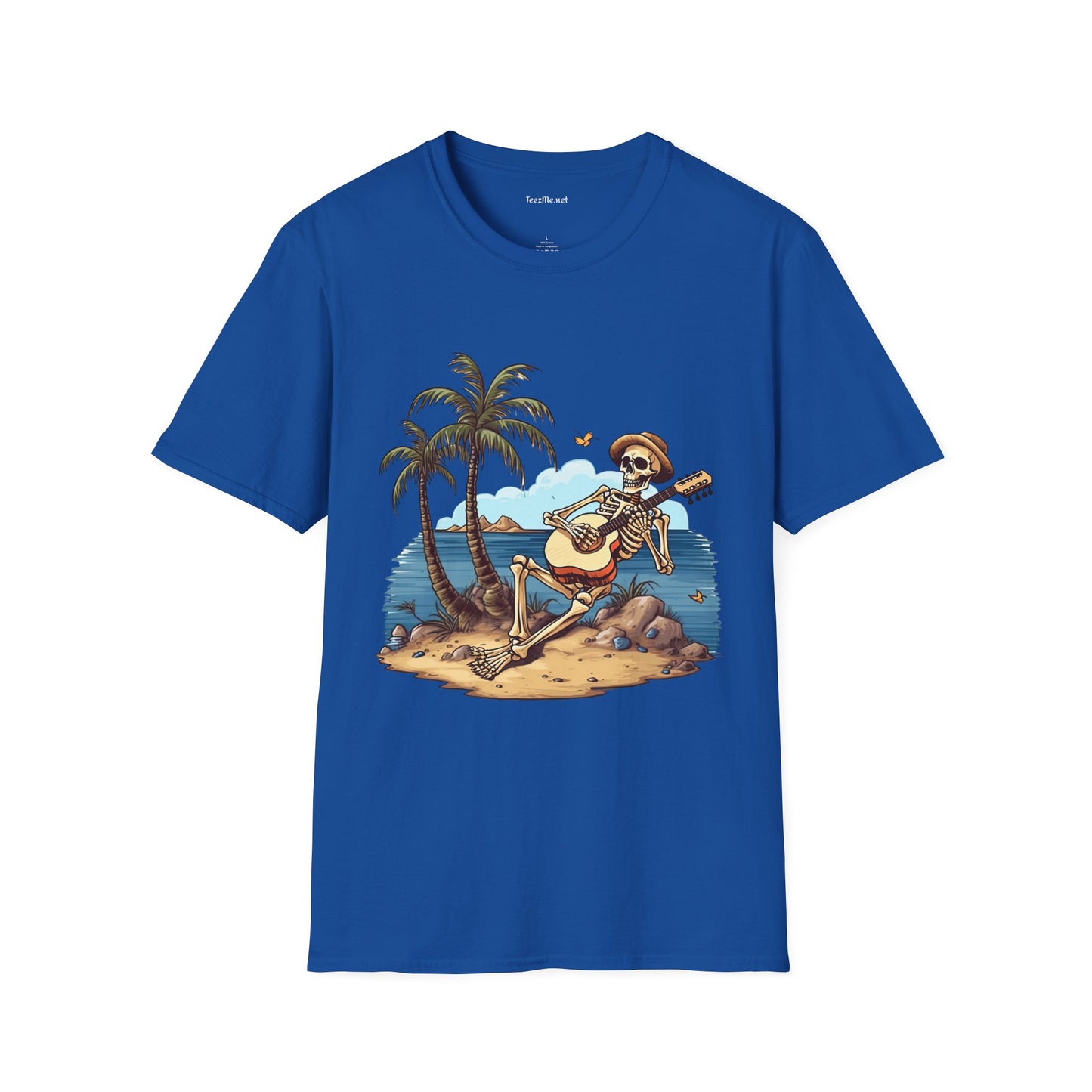 Skeleton with Guitar under palm tree - Unisex Softstyle T-Shirt 100% Cotton Graphic
