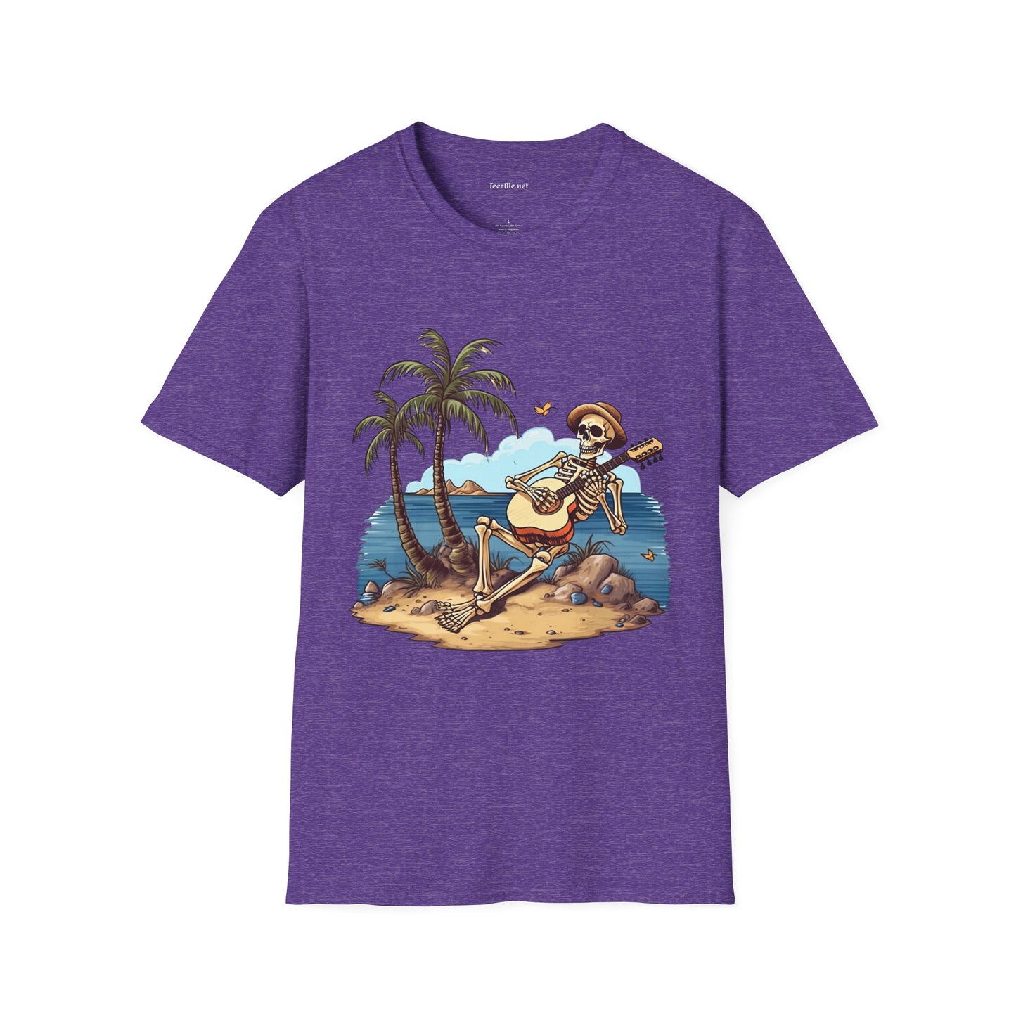 Skeleton with Guitar under palm tree - Unisex Softstyle T-Shirt 100% Cotton Graphic