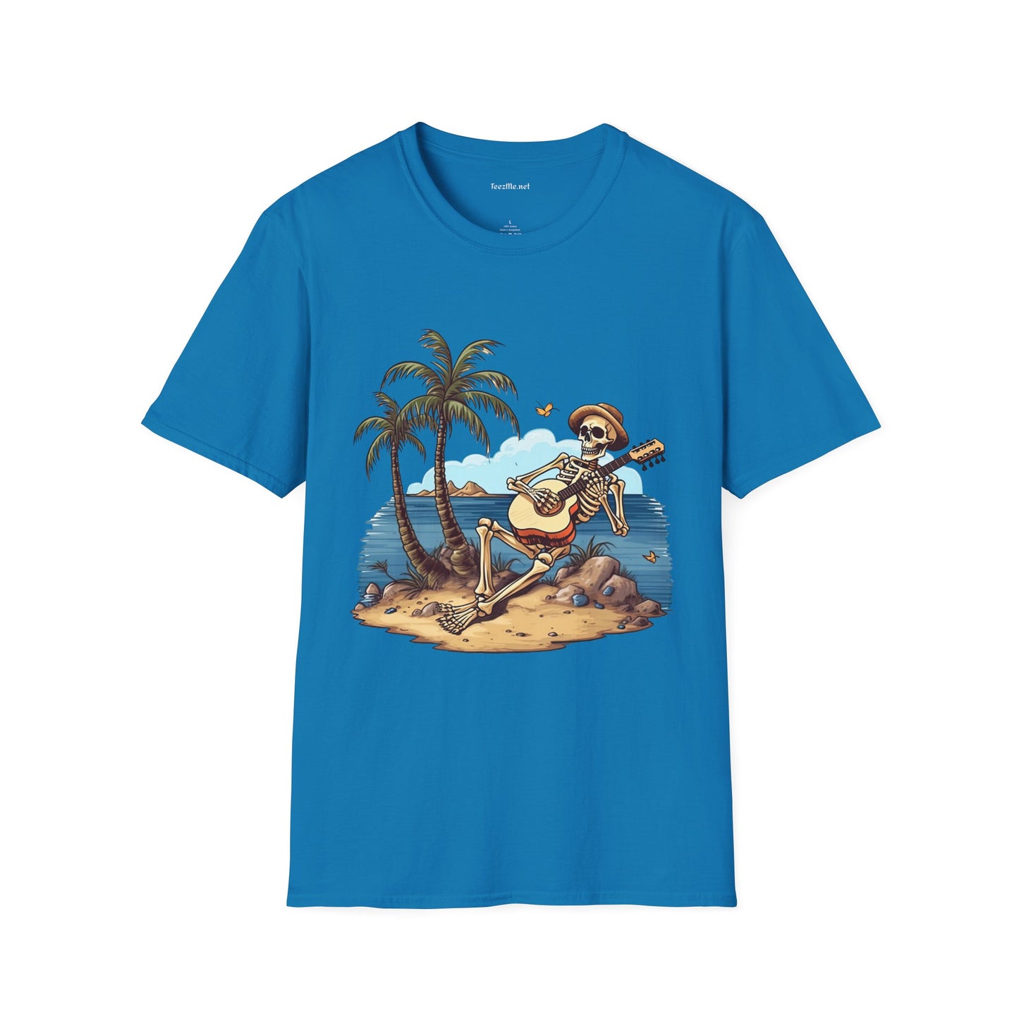 Skeleton with Guitar under palm tree - Unisex Softstyle T-Shirt 100% Cotton Graphic