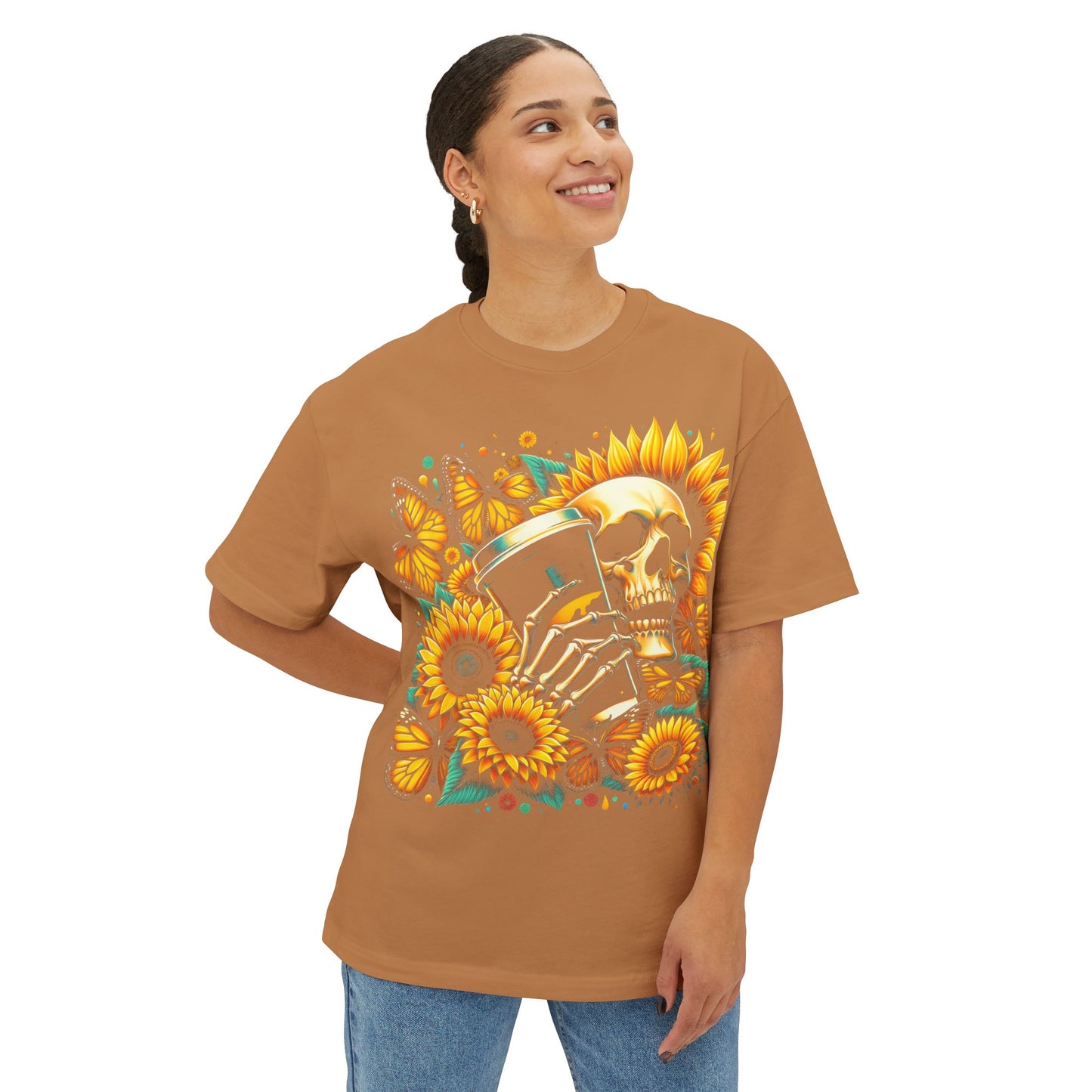 Sunflower Skull with Coffee Unisex Oversized Boxy Tee
