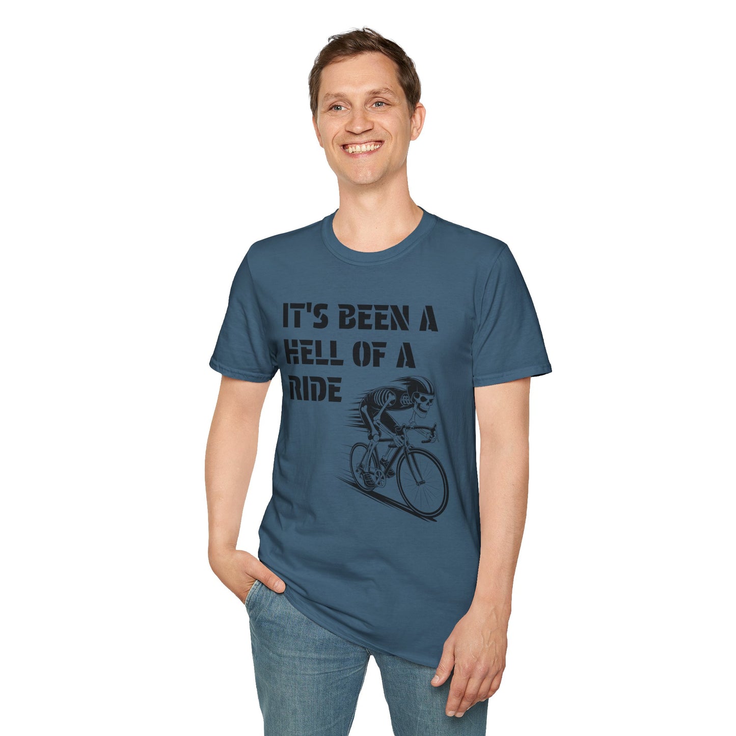 It's been a Hell of a Ride (skeleton on bicycle) Unisex Softstyle T-Shirt 100% Cotton Graphic
