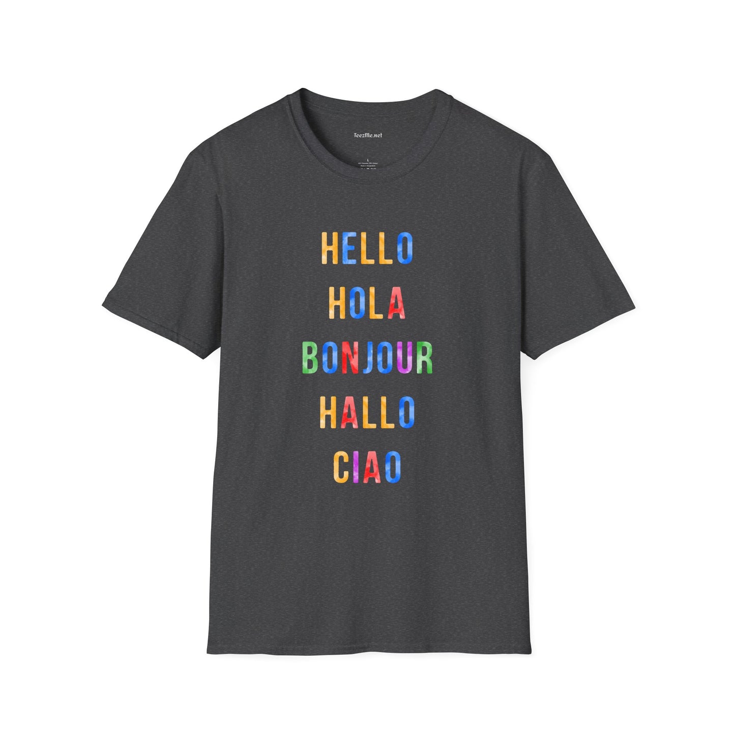 HELLO HOLA BONJOUR HALLO CIAO Unisex Softstyle T-Shirt 100% Cotton Graphic