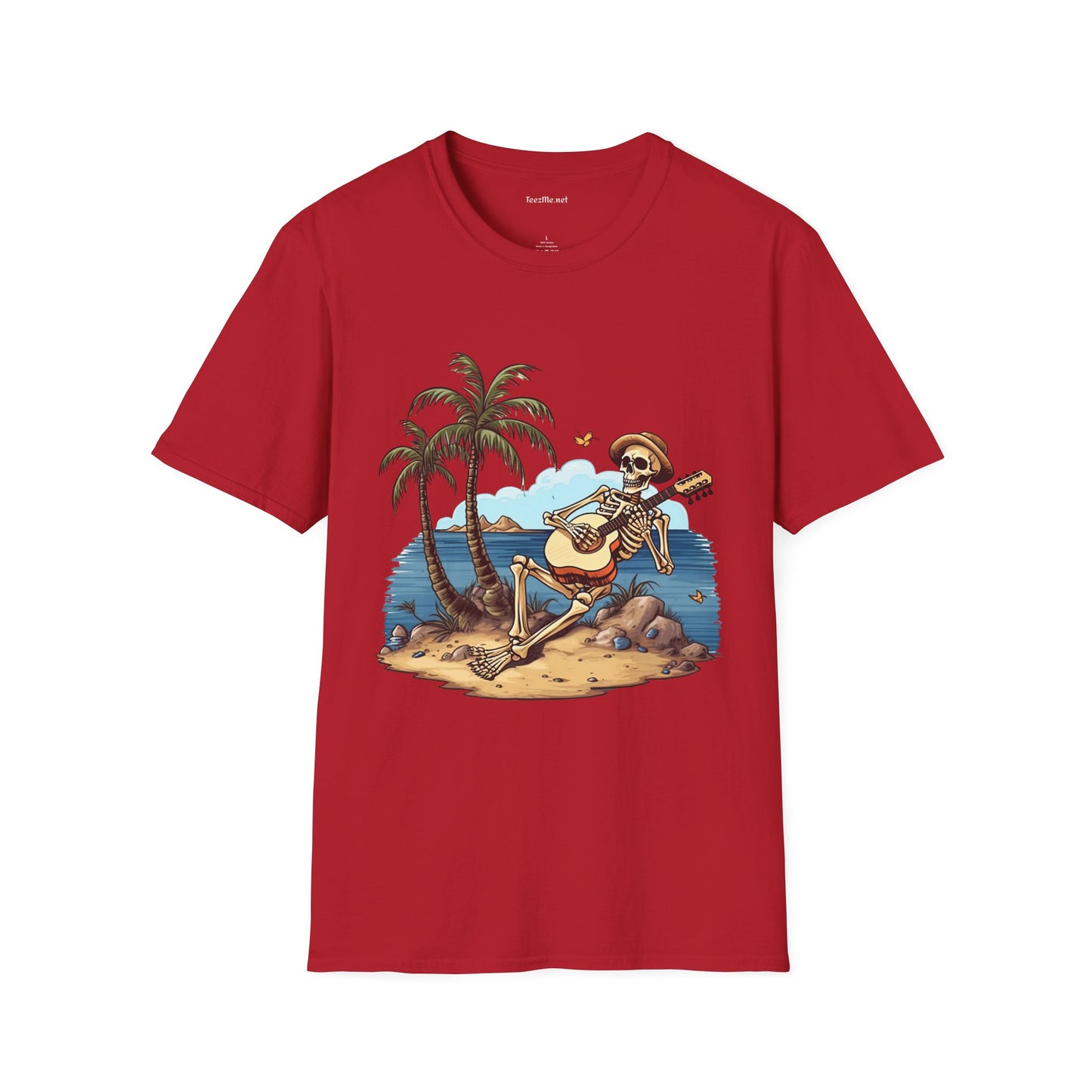 Skeleton with Guitar under palm tree - Unisex Softstyle T-Shirt 100% Cotton Graphic