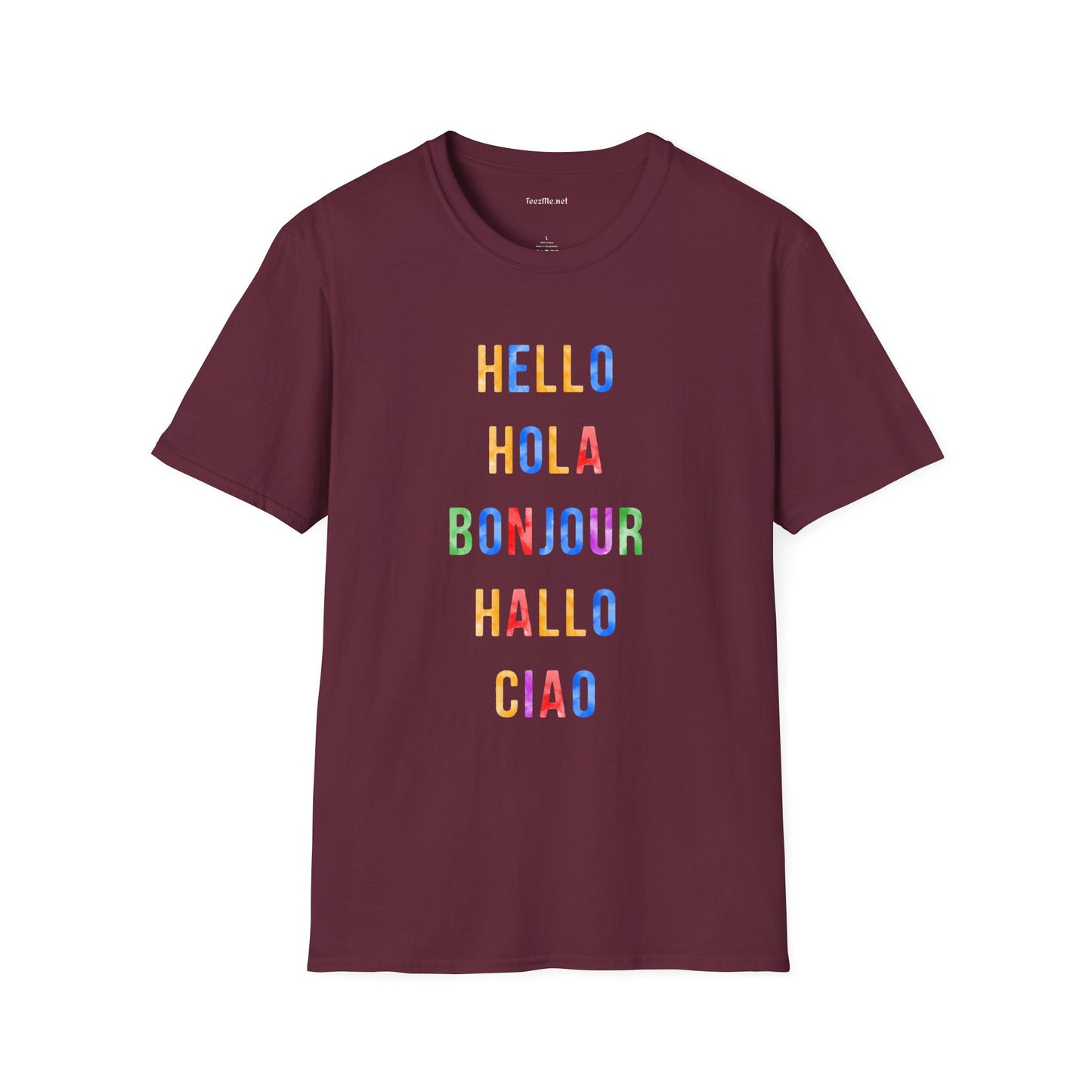 HELLO HOLA BONJOUR HALLO CIAO Unisex Softstyle T-Shirt 100% Cotton Graphic