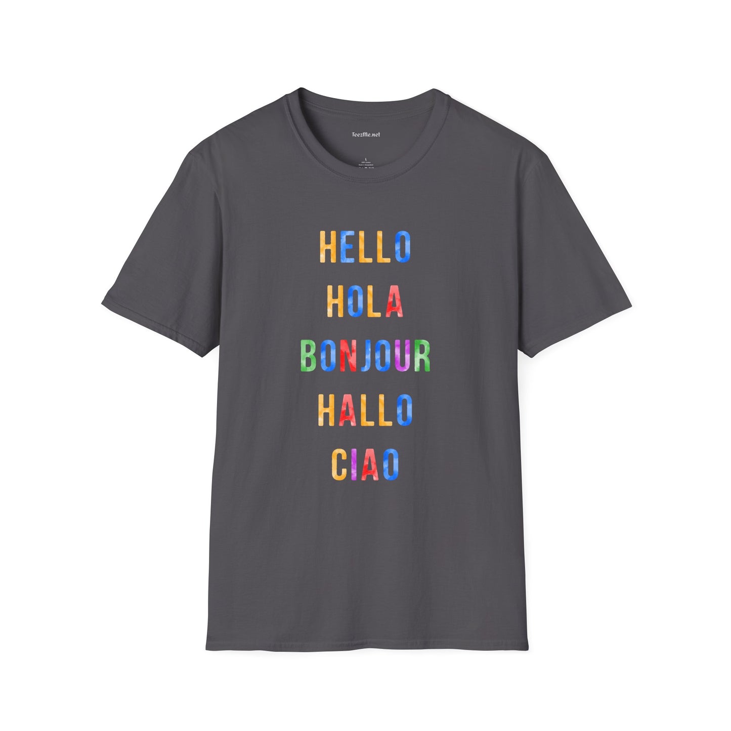 HELLO HOLA BONJOUR HALLO CIAO Unisex Softstyle T-Shirt 100% Cotton Graphic
