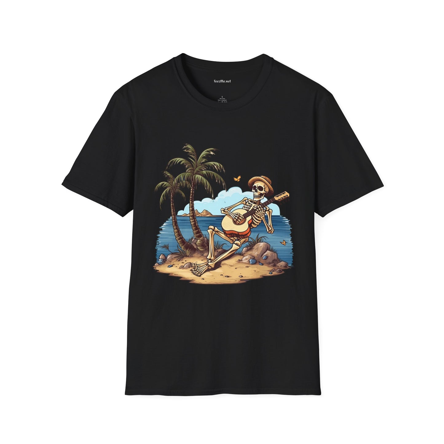 Skeleton with Guitar under palm tree - Unisex Softstyle T-Shirt 100% Cotton Graphic