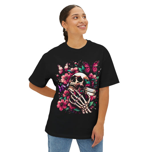Skull Butterflies with Coffee Unisex Oversized Boxy Tee