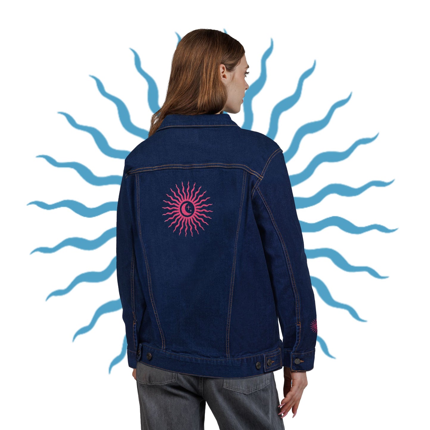 Sun and Moon Pink Unisex Denim Jacket (Embroidery)