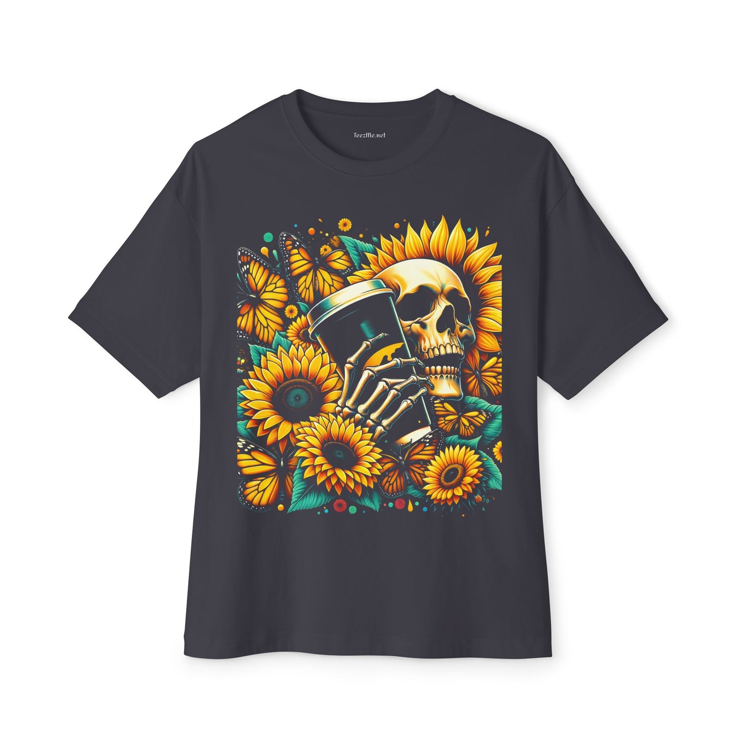 Sunflower Skull with Coffee Unisex Oversized Boxy Tee