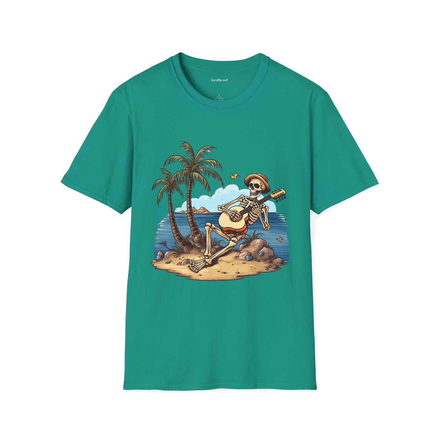 Skeleton with Guitar under palm tree - Unisex Softstyle T-Shirt 100% Cotton Graphic