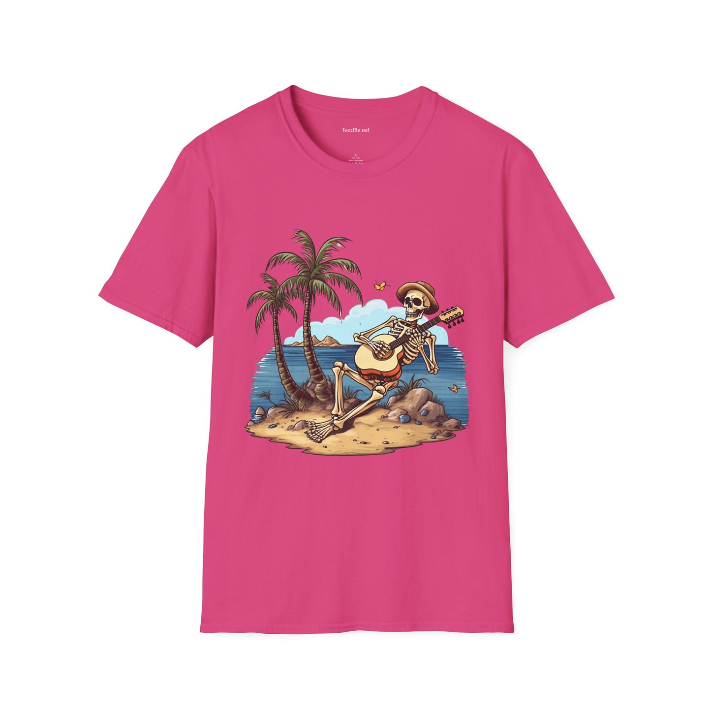 Skeleton with Guitar under palm tree - Unisex Softstyle T-Shirt 100% Cotton Graphic