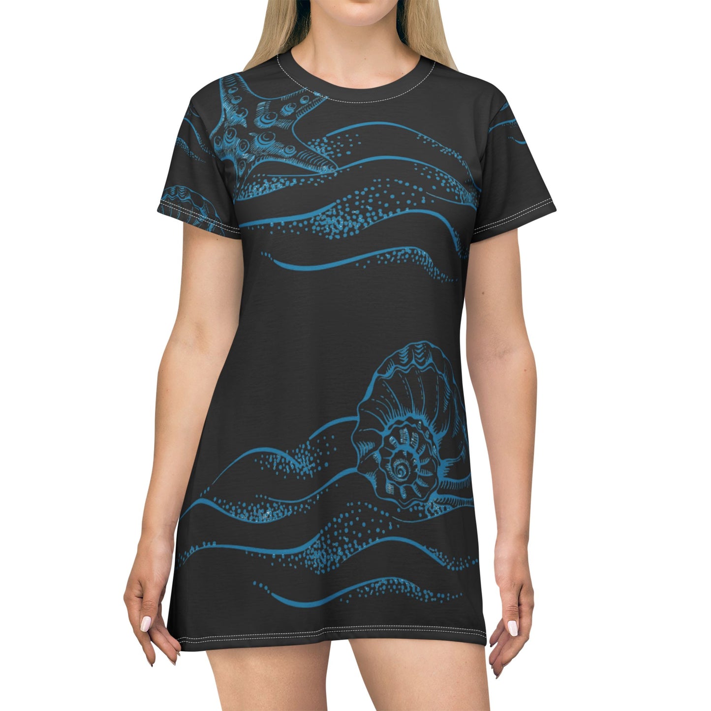 Beach Shells Dress/Cover-up (Black) - T-Shirt Dress (AOP)
