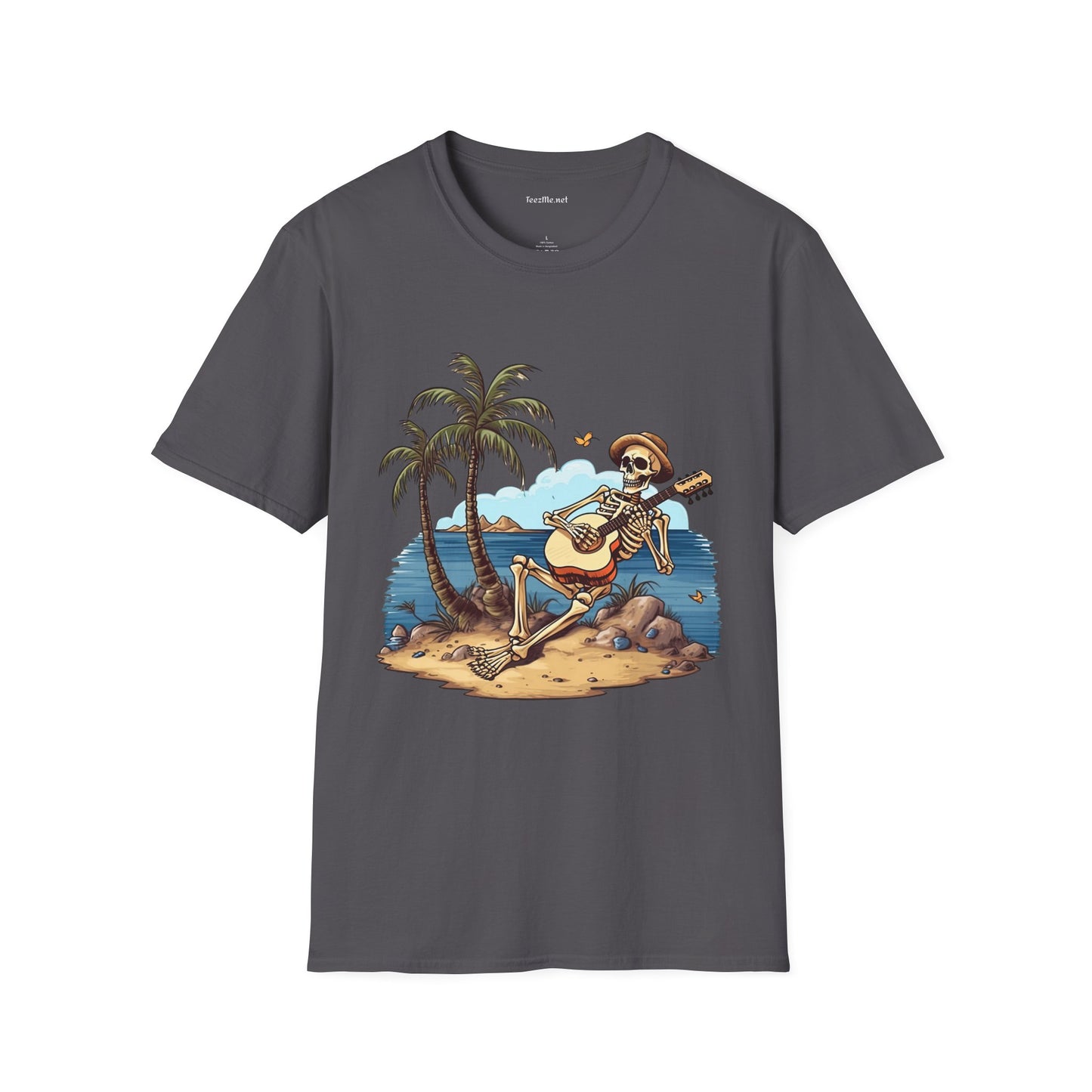 Skeleton with Guitar under palm tree - Unisex Softstyle T-Shirt 100% Cotton Graphic
