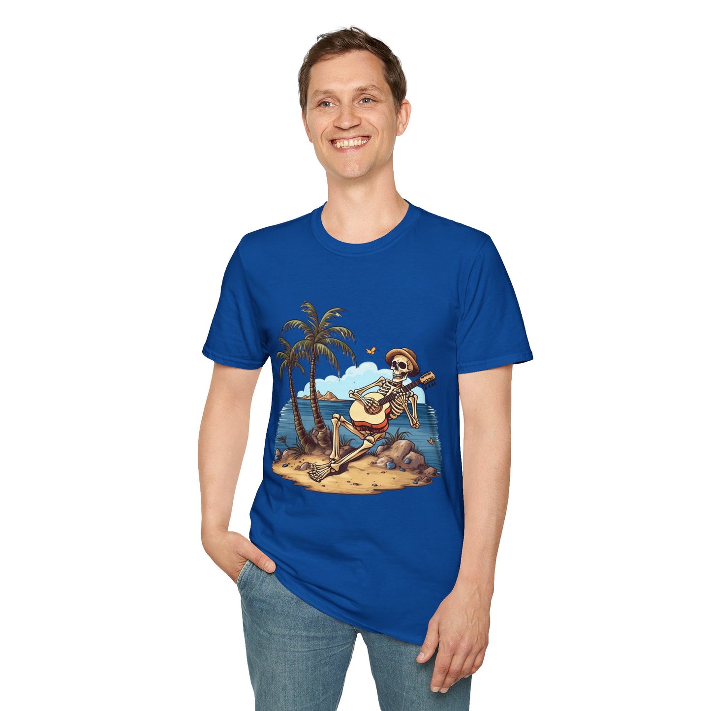 Skeleton with Guitar under palm tree - Unisex Softstyle T-Shirt 100% Cotton Graphic