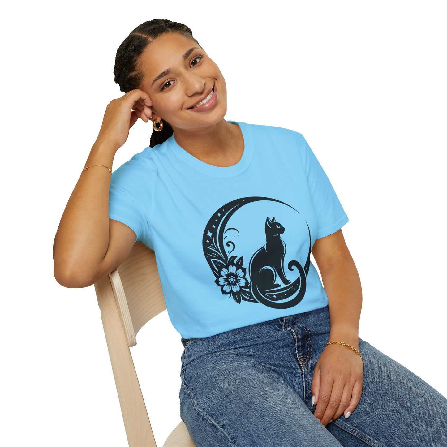 Crescent Moon Cat - Unisex Softstyle T-Shirt 100% Cotton Graphic