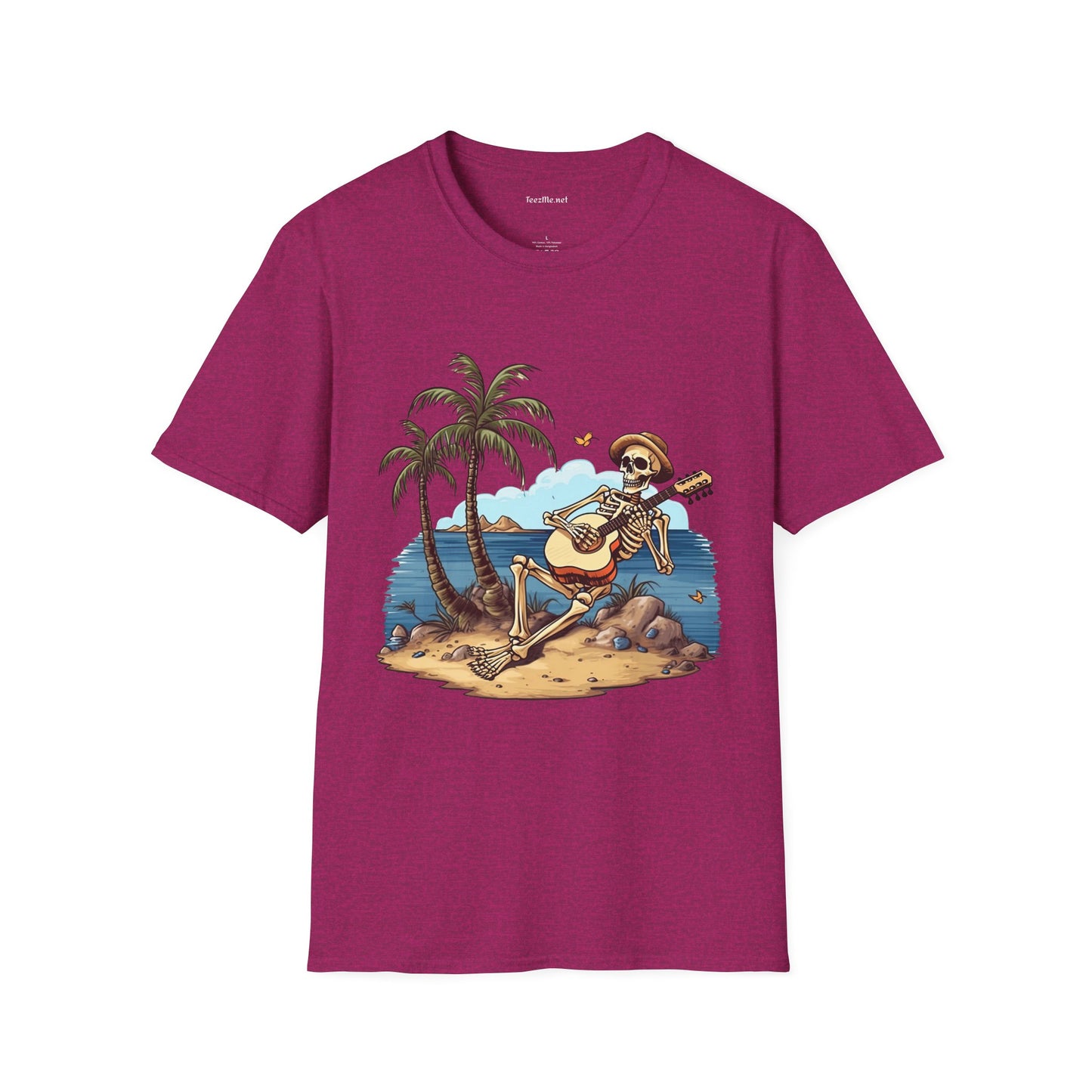 Skeleton with Guitar under palm tree - Unisex Softstyle T-Shirt 100% Cotton Graphic