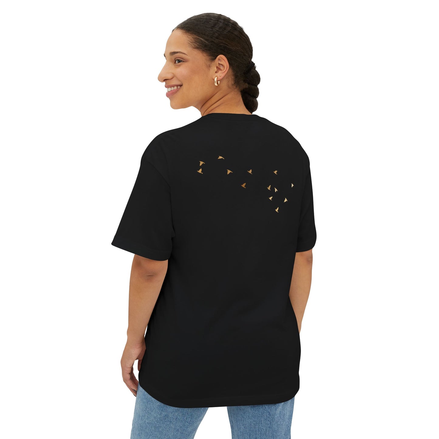Gold Birds in flight (front&back) - Unisex Oversized Boxy Tee
