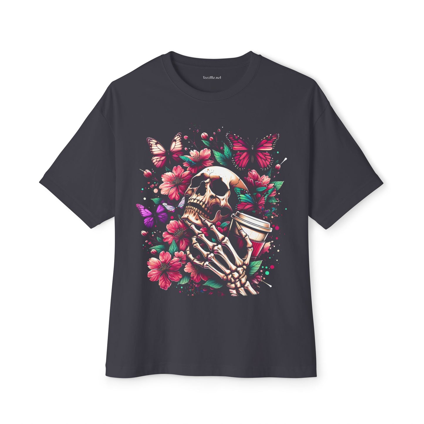 Skull Butterflies with Coffee Unisex Oversized Boxy Tee