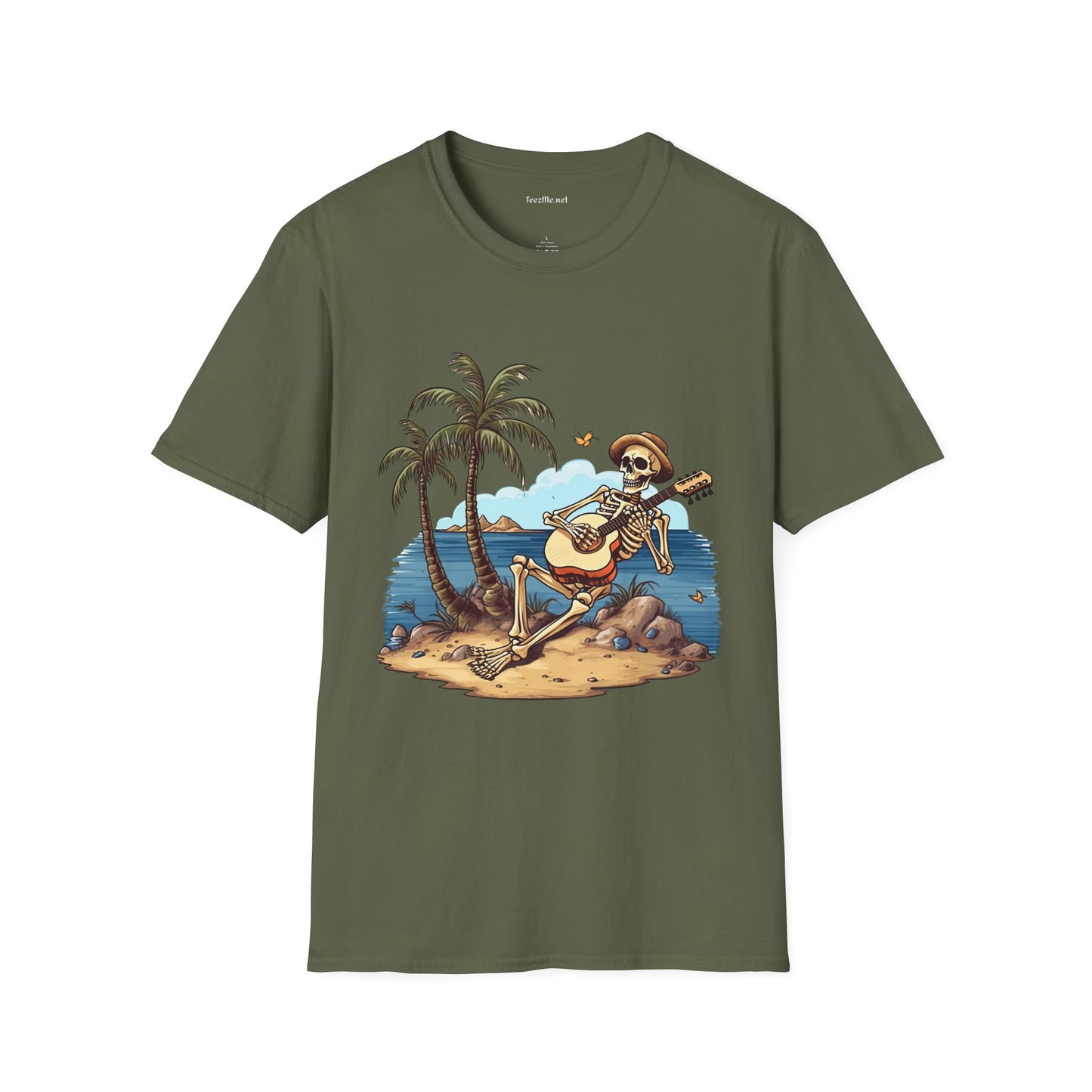 Skeleton with Guitar under palm tree - Unisex Softstyle T-Shirt 100% Cotton Graphic