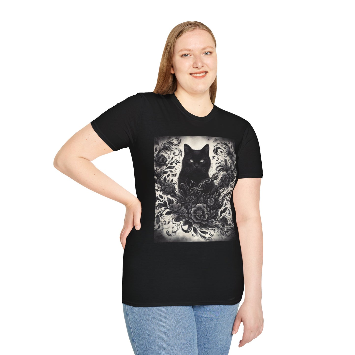 Black Cat Floral -Shirt 100% Cotton Graphic