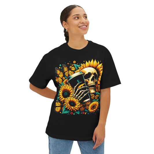 Sunflower Skull with Coffee Unisex Oversized Boxy Tee