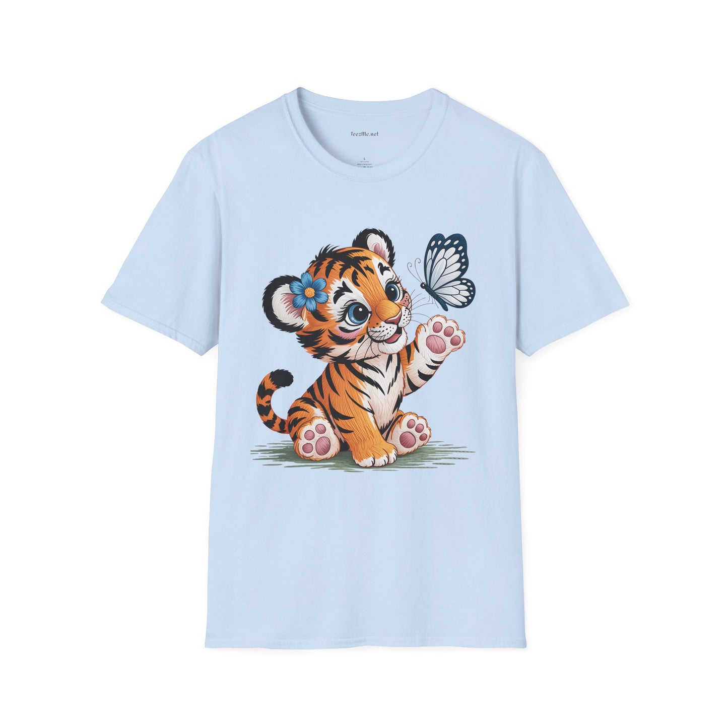 Cute Tiger Cub with Butterfly Unisex Softstyle T-Shirt 100% Cotton Graphic