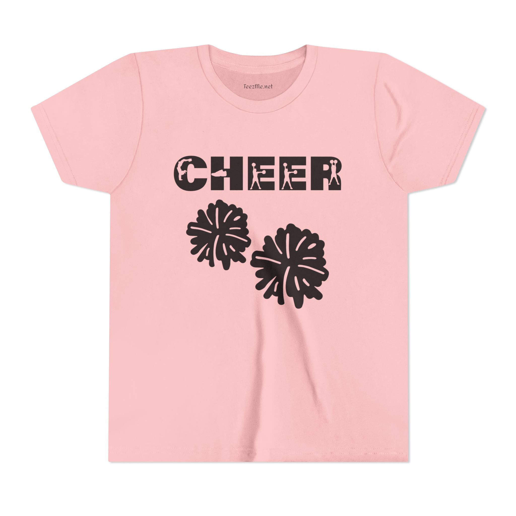 Youth Cheer T‑Shirt – 'CHEER' Graphic with Pom Poms | Kid Cheerleader Tee for Practice & Games