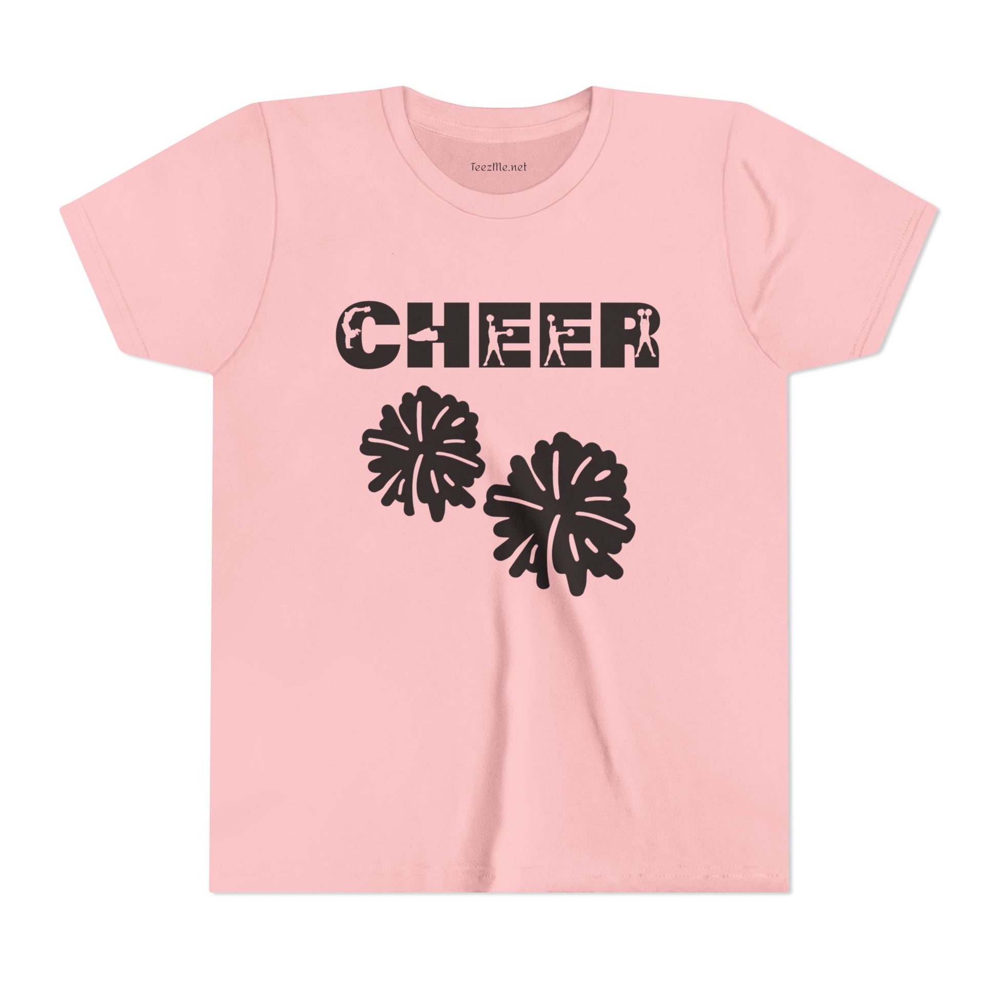 Youth Cheer T‑Shirt – 'CHEER' Graphic with Pom Poms | Kid Cheerleader Tee for Practice & Games