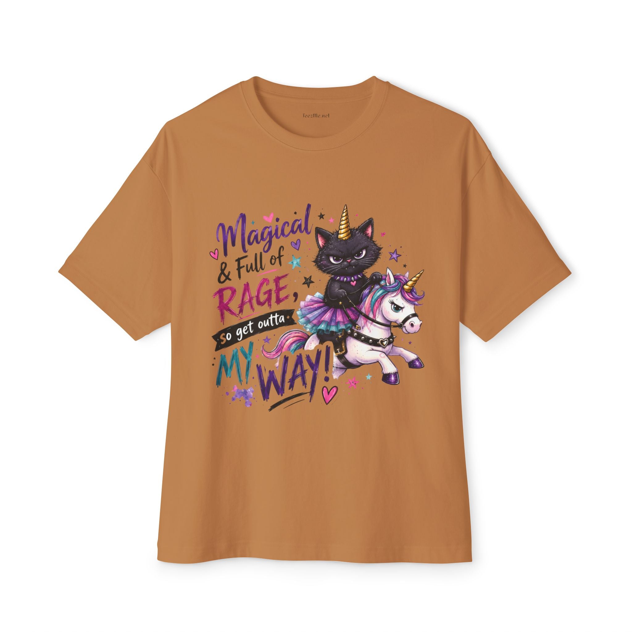 Magical & Full of Rage Cat on Unicorn Tee — "Get Outta My Way" Oversized Shirt