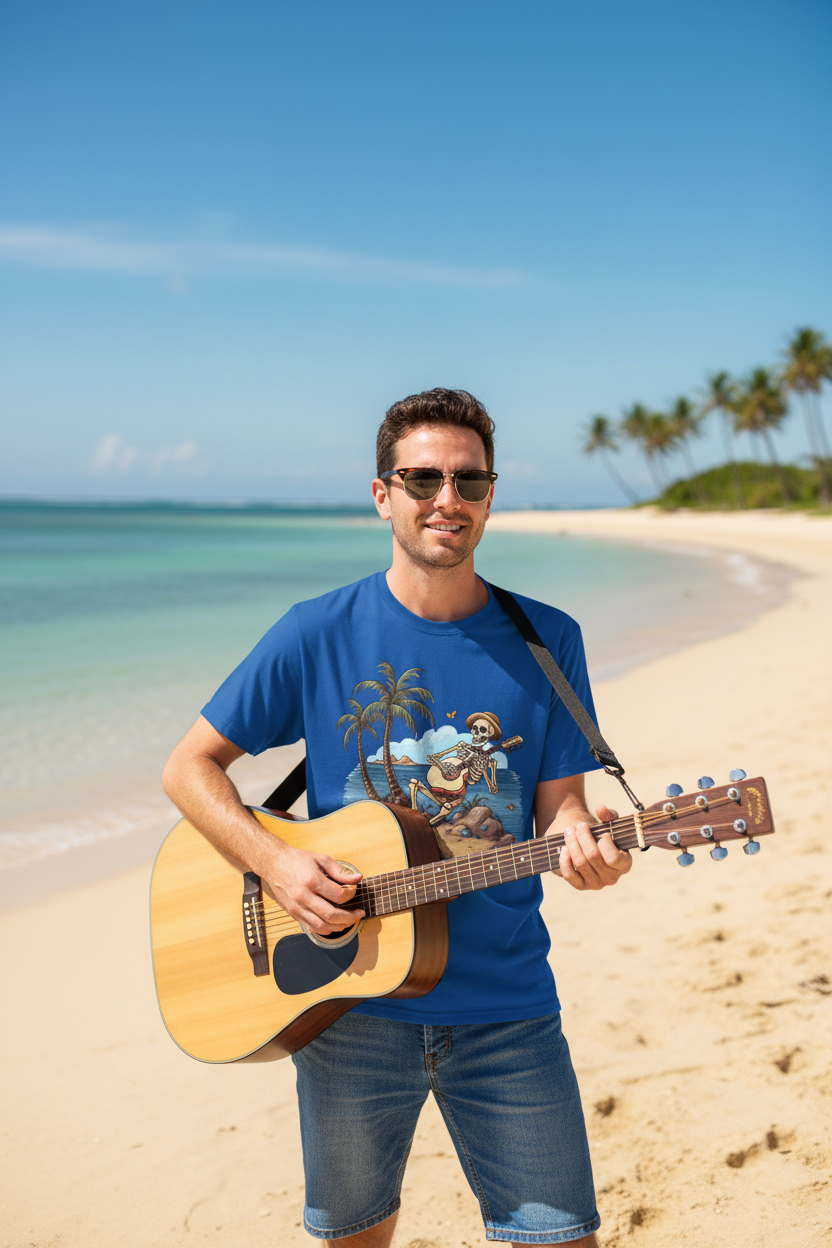 Skeleton with Guitar under palm tree - Unisex Softstyle T-Shirt 100% Cotton Graphic