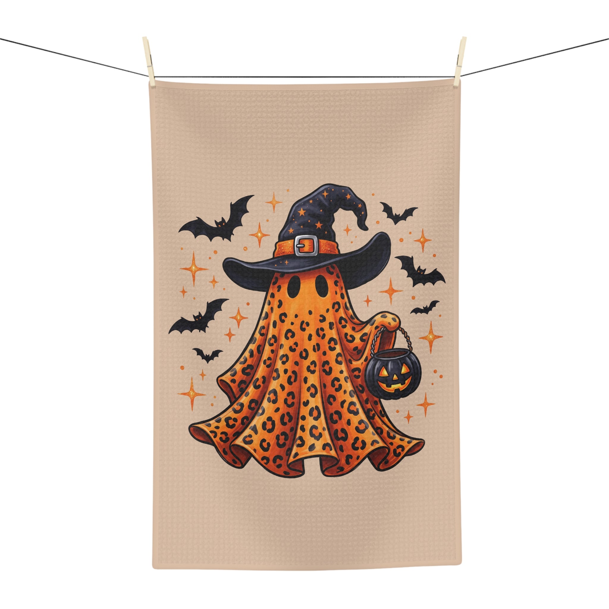 Halloween Leopard Ghost Tea Towel — Cute Witch Hat Pumpkin Trick-or-Treat Kitchen Towel