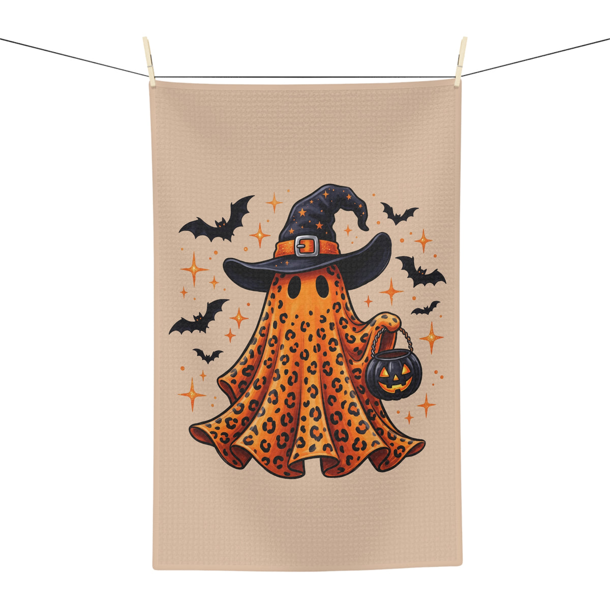 Halloween Leopard Ghost Tea Towel — Cute Witch Hat Pumpkin Trick-or-Treat Kitchen Towel