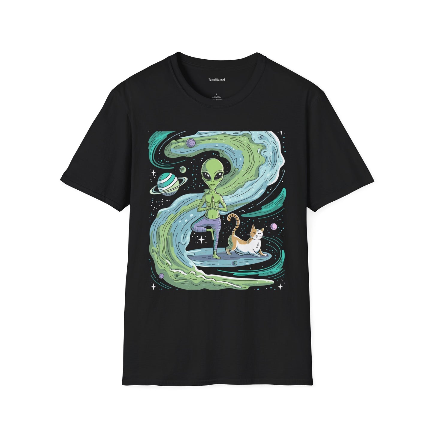 Yoga Alien with Cat Unisex Softstyle T-Shirt 100% Cotton Graphic