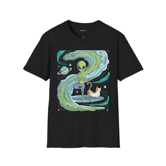 Yoga Alien with Cat Unisex Softstyle T-Shirt 100% Cotton Graphic