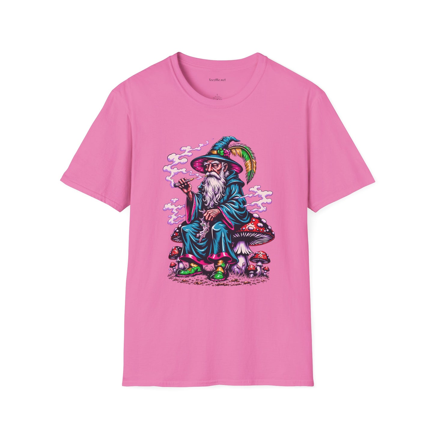 Psychedelic Smoking Wizard on Mushrooms Fantasy Unisex Softstyle T-Shirt 100% Cotton Graphic