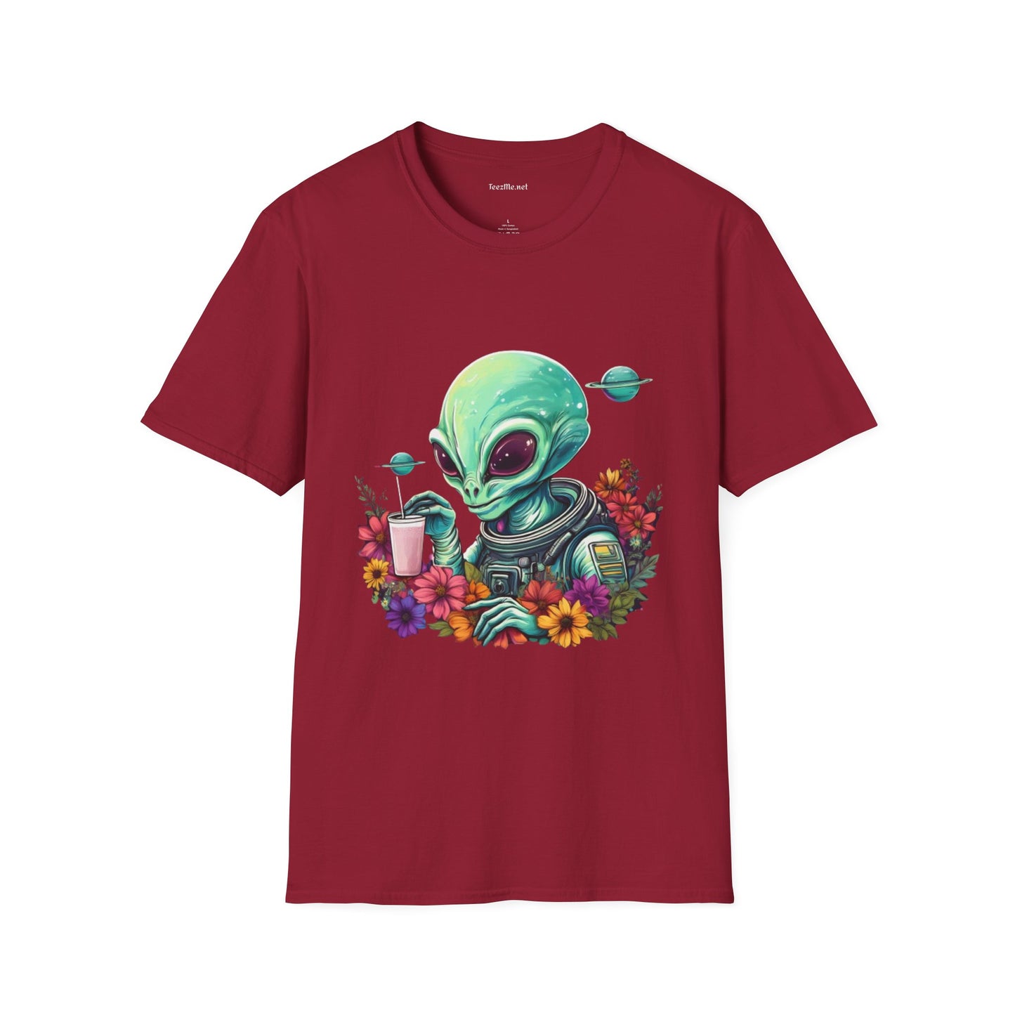 Alien Drinking in Space Unisex Softstyle T-Shirt 100% Cotton Graphic