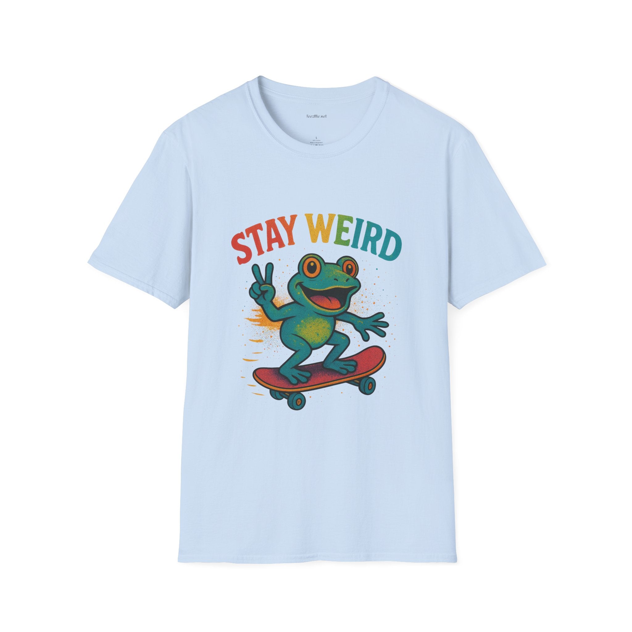 Stay Weird Frog T-Shirt — Retro Rainbow Skateboarding Frog Graphic Tee