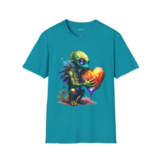 Alien Holding A Heart Unisex Softstyle T-Shirt 100% Cotton Graphic