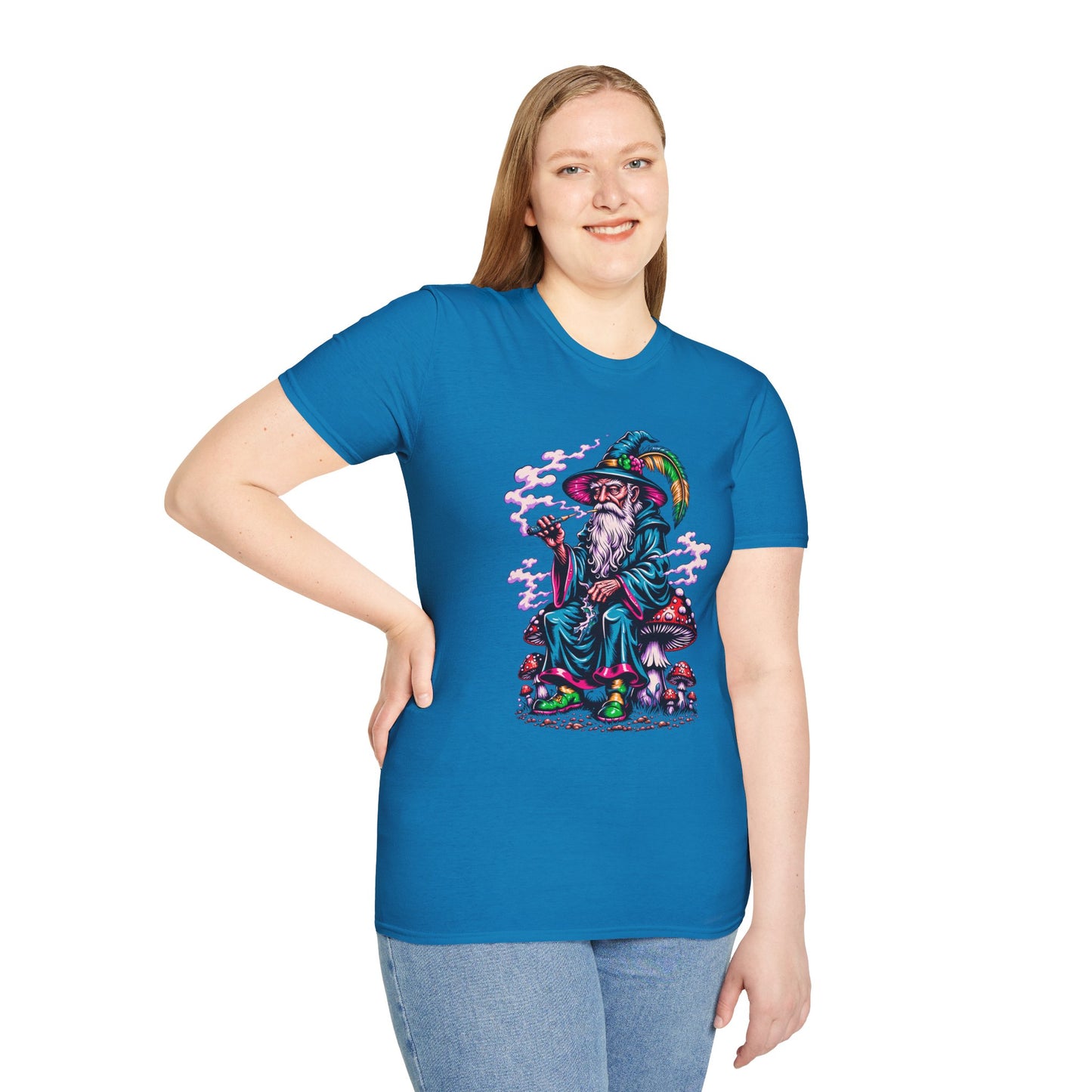 Psychedelic Smoking Wizard on Mushrooms Fantasy Unisex Softstyle T-Shirt 100% Cotton Graphic
