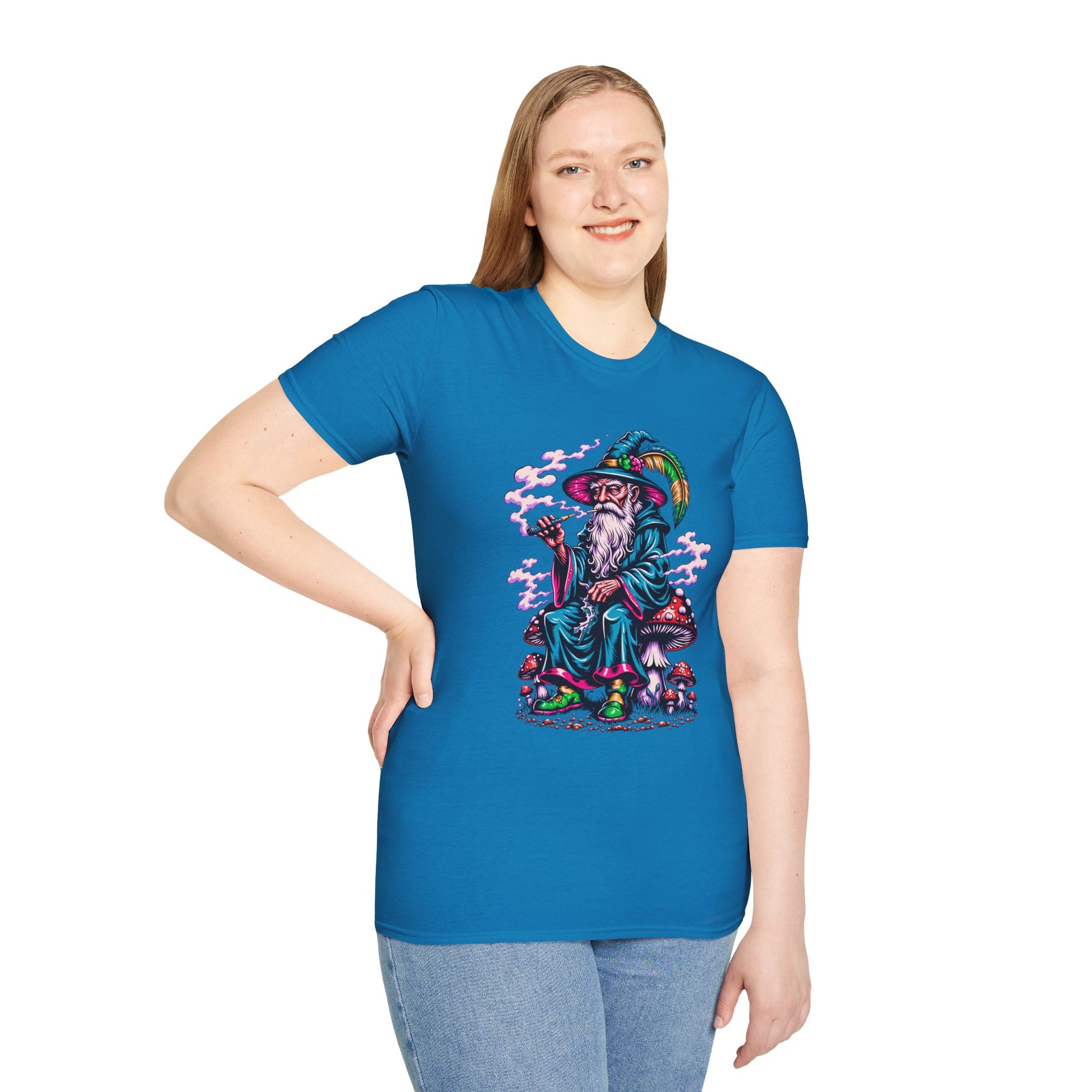 Psychedelic Smoking Wizard on Mushrooms Fantasy Unisex Softstyle T-Shirt 100% Cotton Graphic