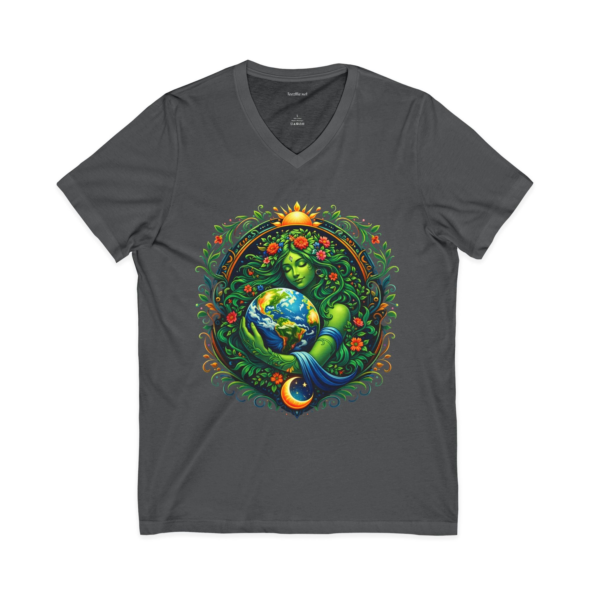 Earth Goddess V-Neck Tee — Mother Nature Embrace Eco Love Shirt