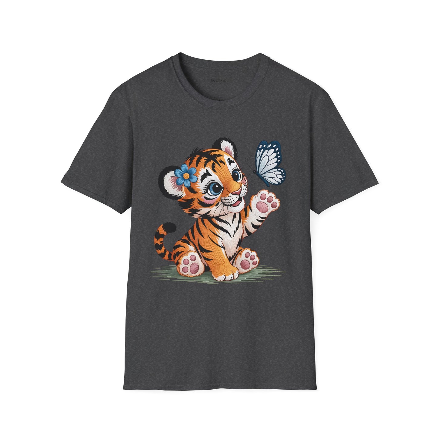 Cute Tiger Cub with Butterfly Unisex Softstyle T-Shirt 100% Cotton Graphic