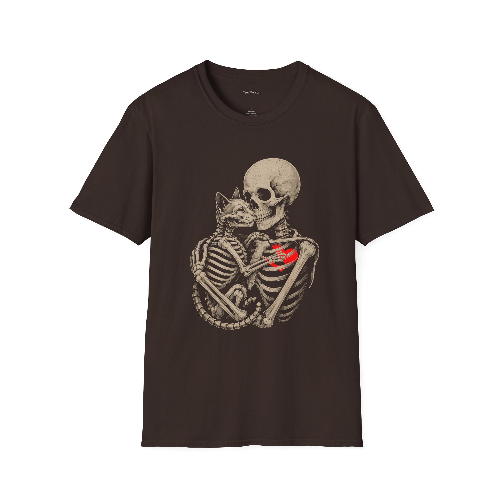 Skeleton Embrace T-Shirt — Gothic Skull & Cat Love Graphic Tee