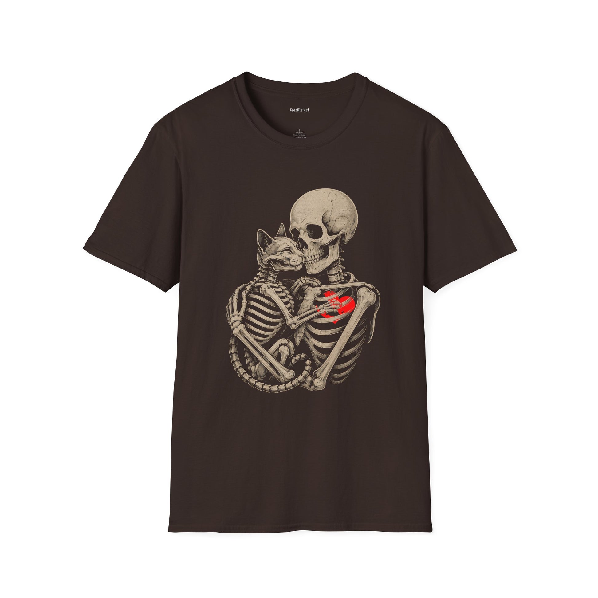 Skeleton Embrace T-Shirt — Gothic Skull & Cat Love Graphic Tee
