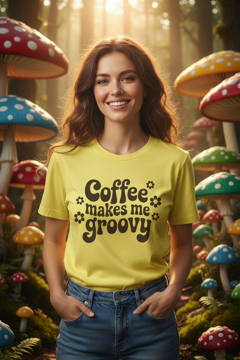 Groovy Coffee T-Shirt — “Coffee Makes Me Groovy” Retro Floral Tee