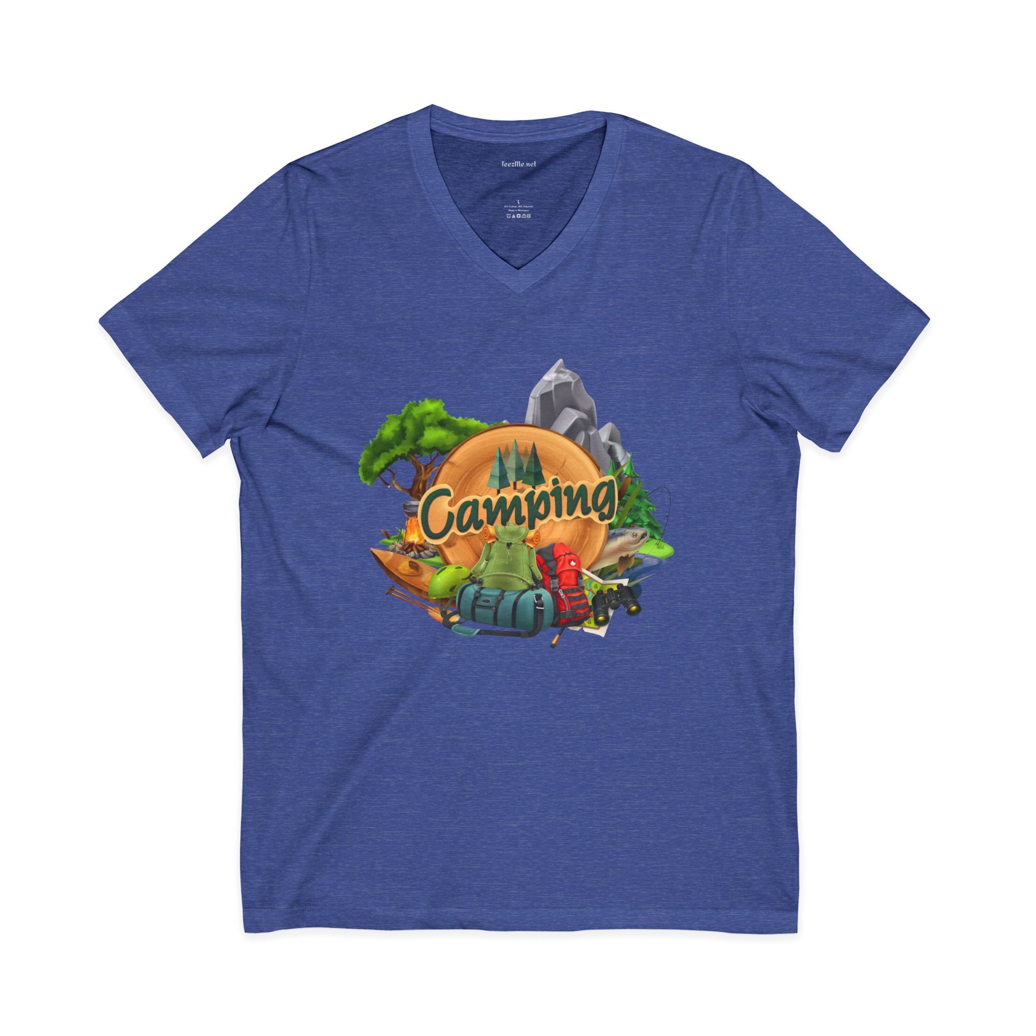 Camping Graphic V-Neck Tee — Outdoor Adventure Tent & Campfire Shirt