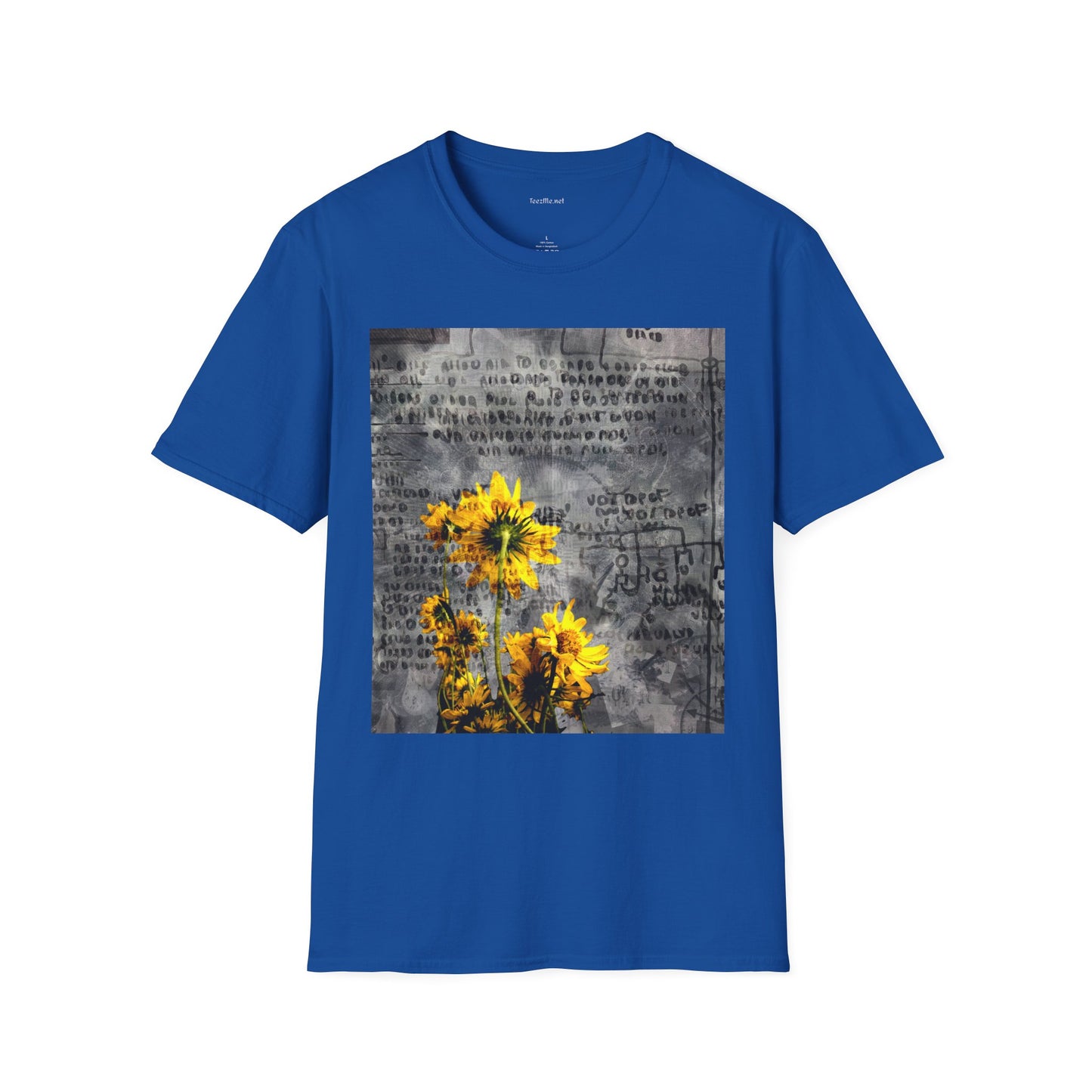 Yellow flowers with ancient symbols - Unisex Softstyle T-Shirt 100% Cotton Graphic