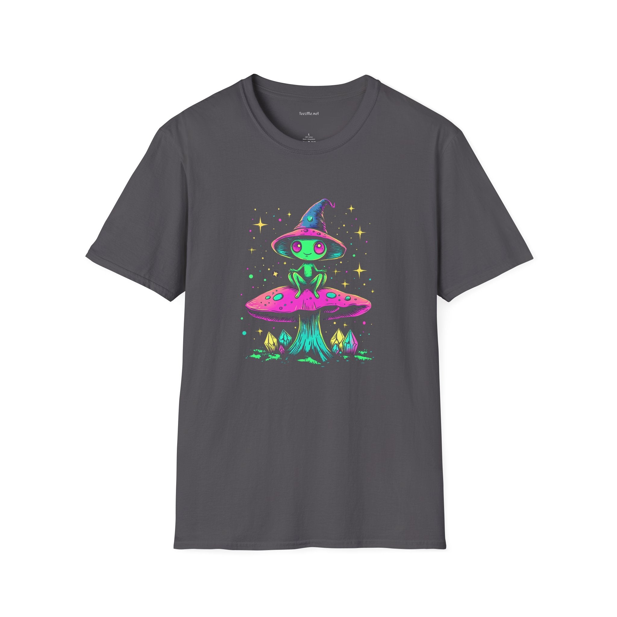 Alien sitting on mushroom - Unisex Softstyle T-Shirt 100% Cotton Graphic